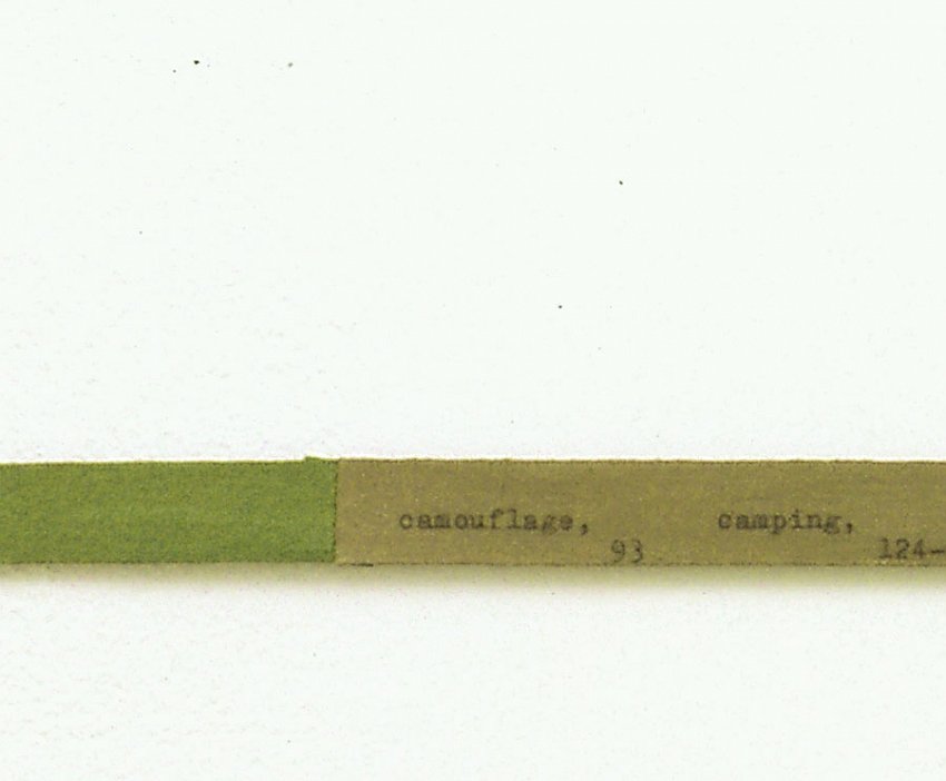 Helen Mirra<br />Crosshairs (detail)<br />	2006<br />	ink and milk paint on cotton<br />	5/8 x 41 3/8 inches<br />	 (16 mm x 106 cm)<br />