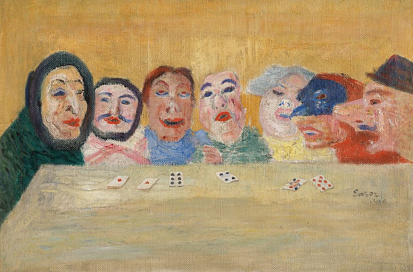 Masques regardant un jeu des cartes (Masks Looking at Playing Cards) <br />	1896<br />	oil on canvas<br />