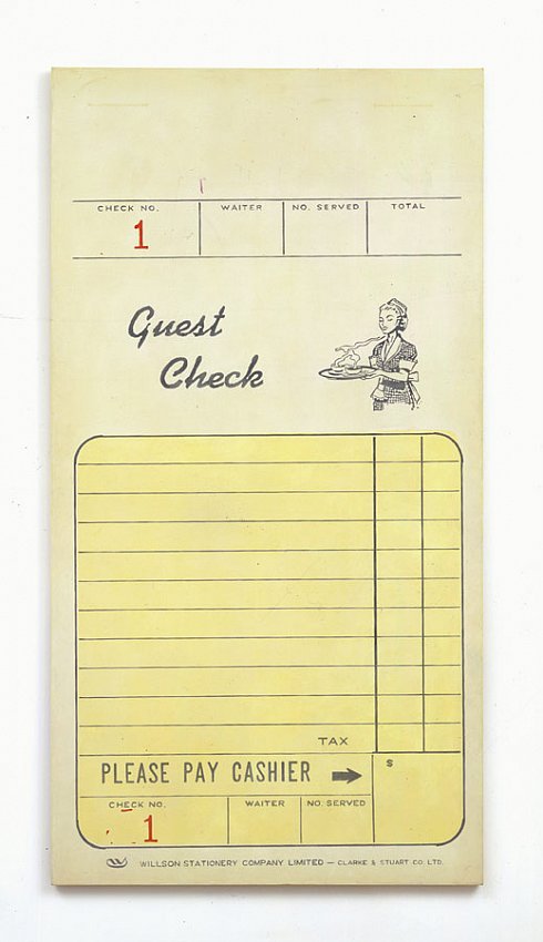 Alex Hay<br />Guest Check<br />1968<br />spray lacquer and stencil on canvas<br />84 1/4 x 44 3/8 inches<br />(214 x 112.9 cm)<br />
