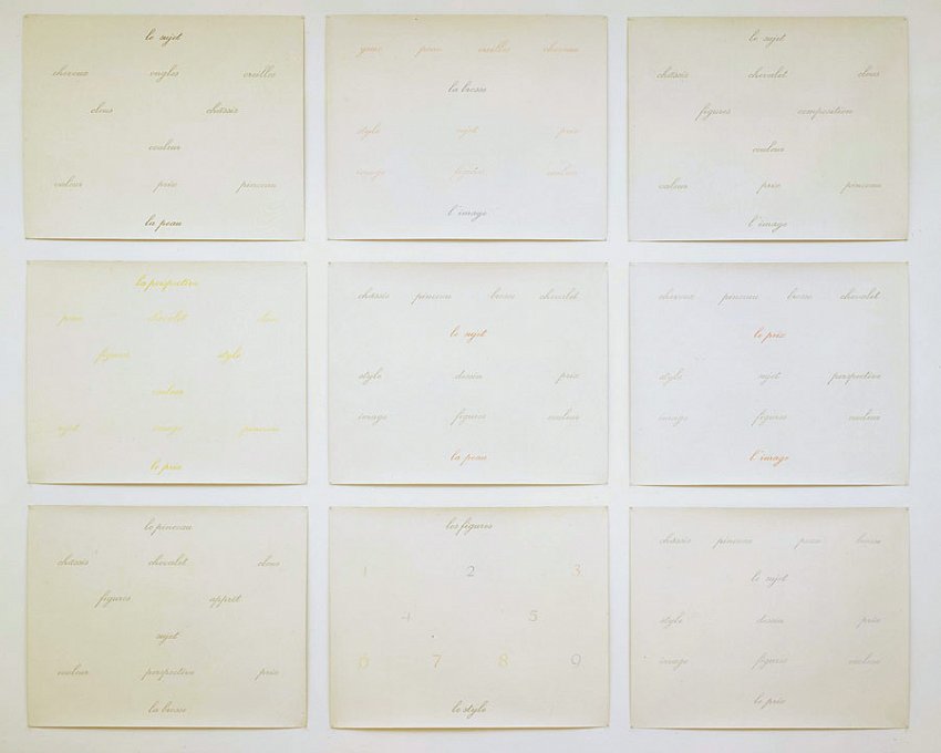 Marcel Broodthaers		(1924 - 1976)<br />"Peintures" (or "L'art et les mots)<br />1973<br />oil on canvas with colored printed ink, in nine parts<br />each: 31 1/2 x 39 1/2 inches (80 x 100 cm)<br />overall: 100 x 124 inches (254 x 315 cm)<br />