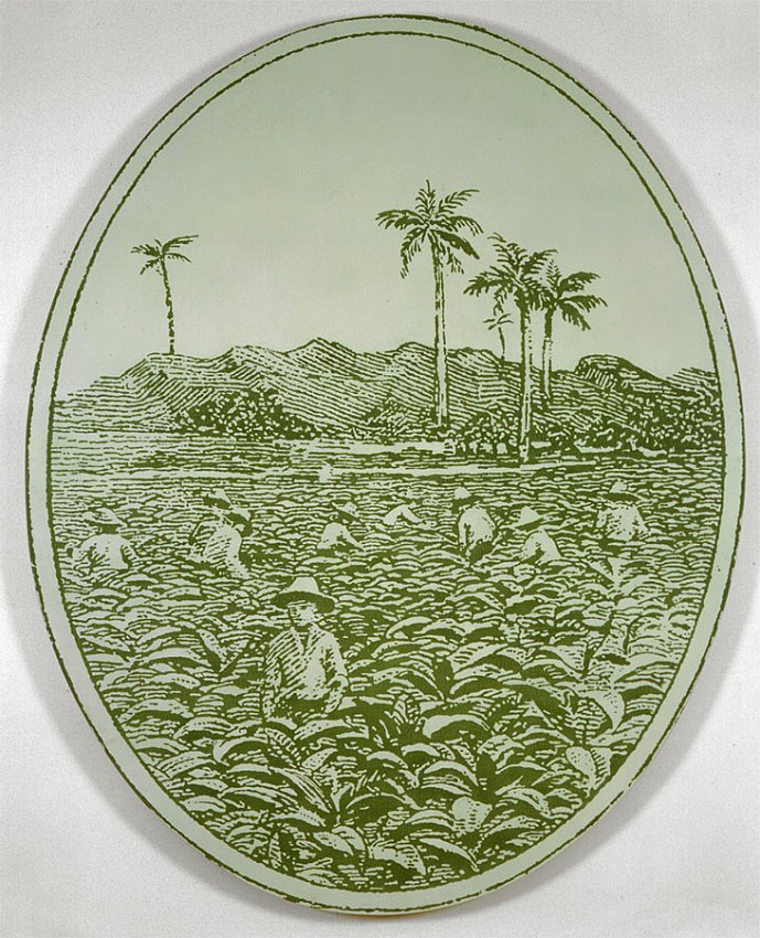 Alex Hay<br />Cuban Cigar Seal<br />1968<br />spray lacquer and stencil on linen<br />85 1/4 x 67 ½ inches (oval)<br />