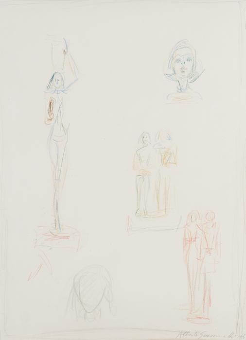 Alberto Giacometti<br />Une page d'esquisse pour les sculptures<br />1959<br />colored pencil and graphite on paper<br />14 1/2 x 10 1/2 inches (36.8 x 26.7 cm)<br />