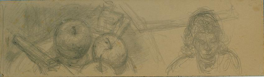 Alberto Giacometti<br />Assiette de pommes et buste de femme<br />c. 1952<br />graphite on card<br />3 1/8 x 11 1/4 inches (8 x 28.5 cm)<br />