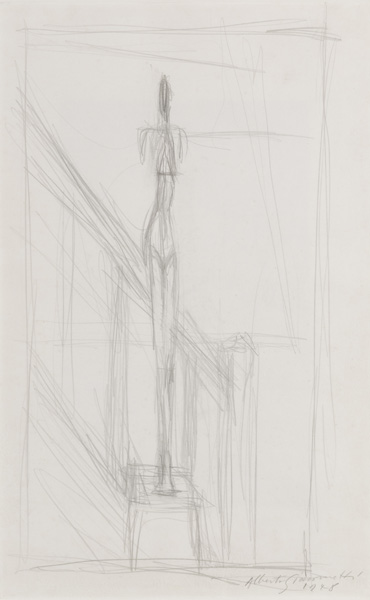 Alberto Giacometti<br />Homme debout sur une stele<br />1948<br />graphite on paper<br />19 x 12 inches (48.3 x 30.5 cm)<br />Private Collection<br />