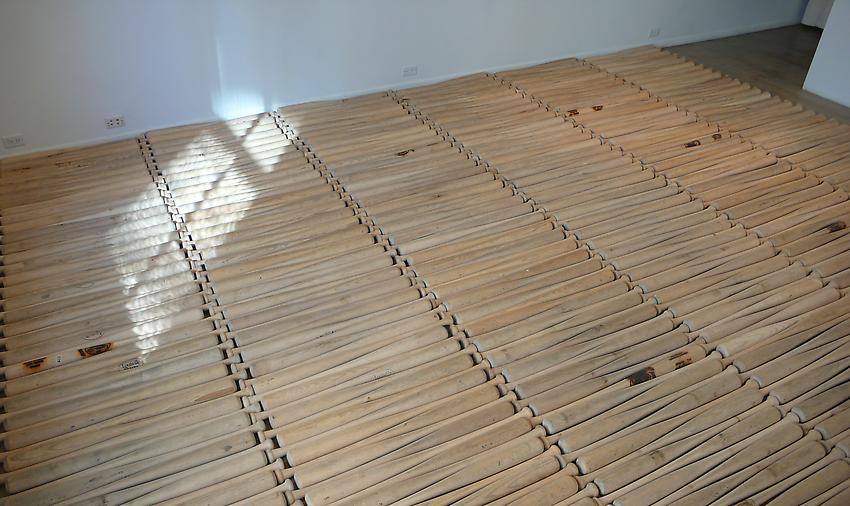 David Adamo<br />Untitled (rite of spring)<br />2008<br />baseball bats<br />2 5/8 x 206 3/4 x 166 1/2 inches as installed;<br />dimensions variable<br />(96.7 x 525.1 x 422.9 cm)<br />