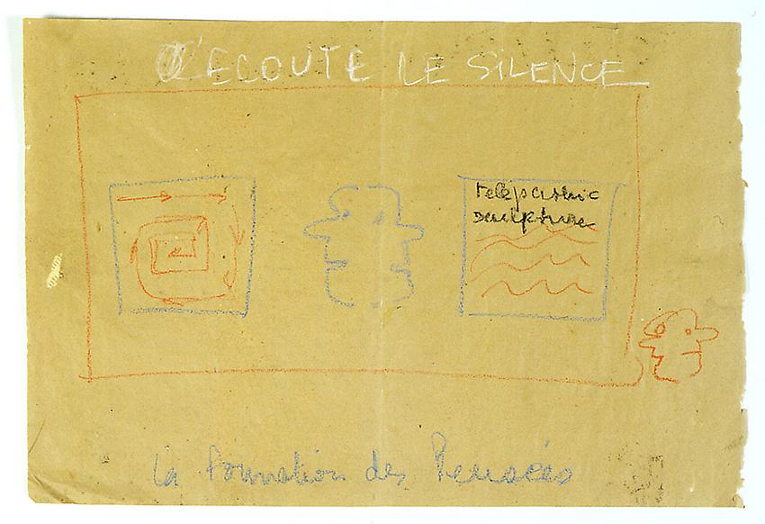 Robert Filliou<br />Ecoute le silence<br />c. 1975<br />pastel on paper<br />16 1/4 x 24 inches (41.3 x 61.2 cm)<br />