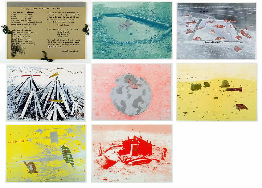 Robert Filliou<br />7 Childlike Uses of Warlike Material<br />1971<br />portfolio of 7 silkscreen prints<br />19 1/2 x 27 3/8 inches each<br />(49.5 x 69.5 cm chaque)<br />Edition of 100 Ed. Harmut Kaminski<br />