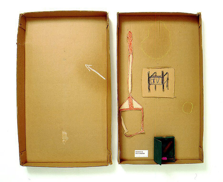 Robert Filliou<br />Research in Child Language<br />c. 1973<br />cardboard box in two parts with glued paper,<br />wooden box, cigar, chalk, fabric and pastel<br />top: 29 1/2 x 17 5/8 x 2 5/8 inches<br />(74.9 x 44.8 x 6.7 cm)<br />bottom: 28 7/8 x 16 3/8 x 2 3/4 inches<br />(73.3 x 41.6 x 7 cm)<br />