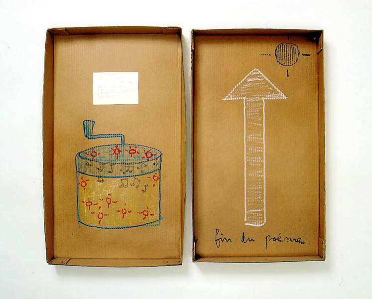 Robert Filliou<br />The Sun Book inside the Music Box and the<br />Glory and the Loss<br />1973<br />cardboard box in two parts, glued paper and<br />pastel<br />top: 29 3/4 x 17 5/8 x 2 1/2 inches<br />(75.6 x 44.8 x 6.4 cm)<br />bottom: 28 7/8 x 16 5/8 x 2 5/8 inches<br />(73.3 x 42.2 x 6.7 cm)<br />