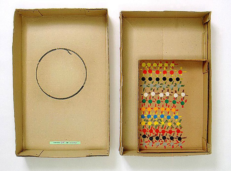 Robert Filliou<br />A Joint Work of RF and Suns<br />1973<br />cardboard box in two parts, cardboard box lid,<br />glued paper, pastel<br />top: 26 x 17 x 4 1/8 inches<br />(66 x 43.2 x 10.5 cm)<br />bottom: 25 1/2 x 15 7/8 x 4 3/8 inches<br />(64.8 x 40.3 x 11.1 cm)<br />