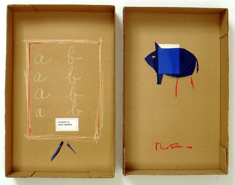 Robert Filliou<br />Research in Child Language (aïe!)<br />1970-71<br />cardboard box in two parts, glued paper, blue<br />lighting gel, pastel and pen<br />top: 21 1/2 x 13 5/8 x 3 1/4 inches<br />(54.6 x 34.6 x 8.3 cm)<br />bottom: 20 7/8 x 13 3/8 x 3 3/8 inches<br />(53 x 34 x 8.6 cm)<br />