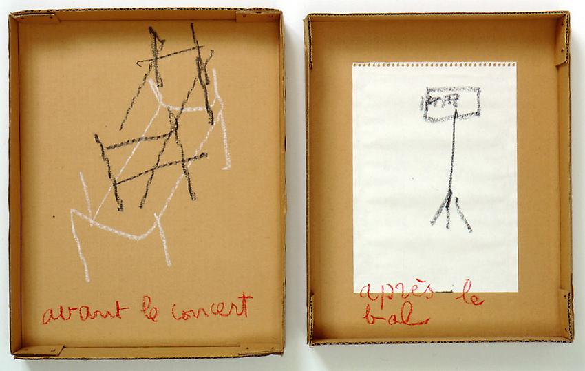 Robert Filliou<br />Avant le concert après le bal<br />1971<br />carboard box in two parts with glued paper<br />and pastel<br />top: 13 3/4 x 10 7/8 x 2 1/8 inches<br />(34.9 x 27.6 x 5.4 cm)<br />bottom: 13 x 10 1/2 x 2 inches<br />(33 x 26.7 x 5.1 cm)<br />