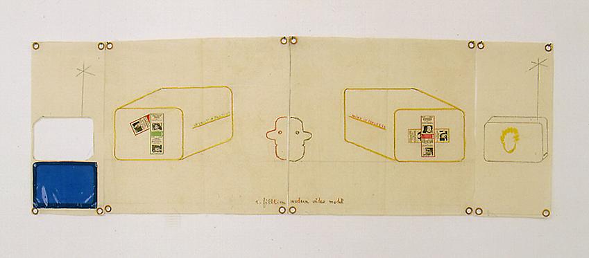 Robert Filliou<br />Modern Video Model<br />1980-82<br />pastel and lead pencil on canvas with glued<br />paper, blue lighting get, staples and grommets;<br />in 4 parts<br />23 5/8 x 70 7/8 inches overall<br />(60 x 180 cm)<br />