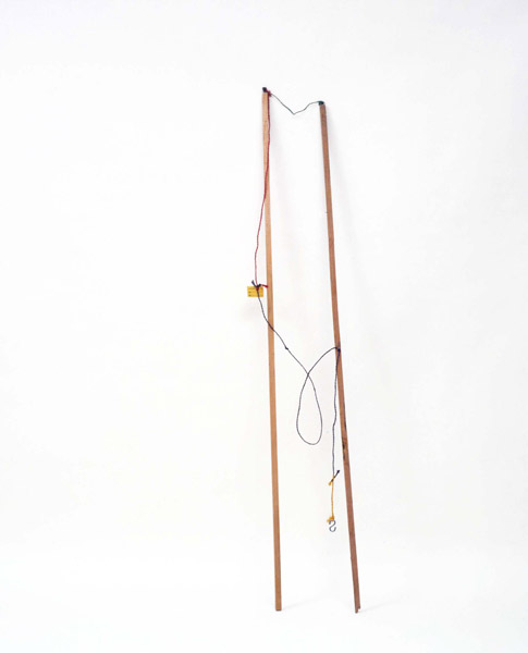 Robert Filliou<br />Pour pêcher à deux la lune<br />1962-84<br />wooden sticks, S-hook, nail, colored twine, ink<br />on paper<br />approximately 72 3/4 x 19 5/8 x 19 5/8 inches<br />overall (185 x 50 x 50 cm)<br />