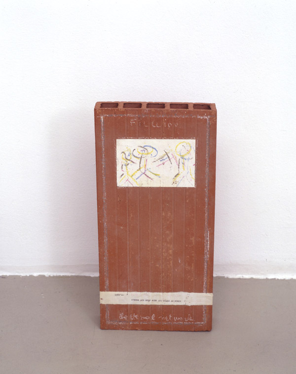 Robert Filliou<br />Fillliou, the eternal network<br />1980-83<br />pastel on paper, pastel and glued<br />paper with typed text on brick<br />15 7/8 x 7 7/8 x 2 inches<br />(40.4 x 20 x 5 cm)<br />