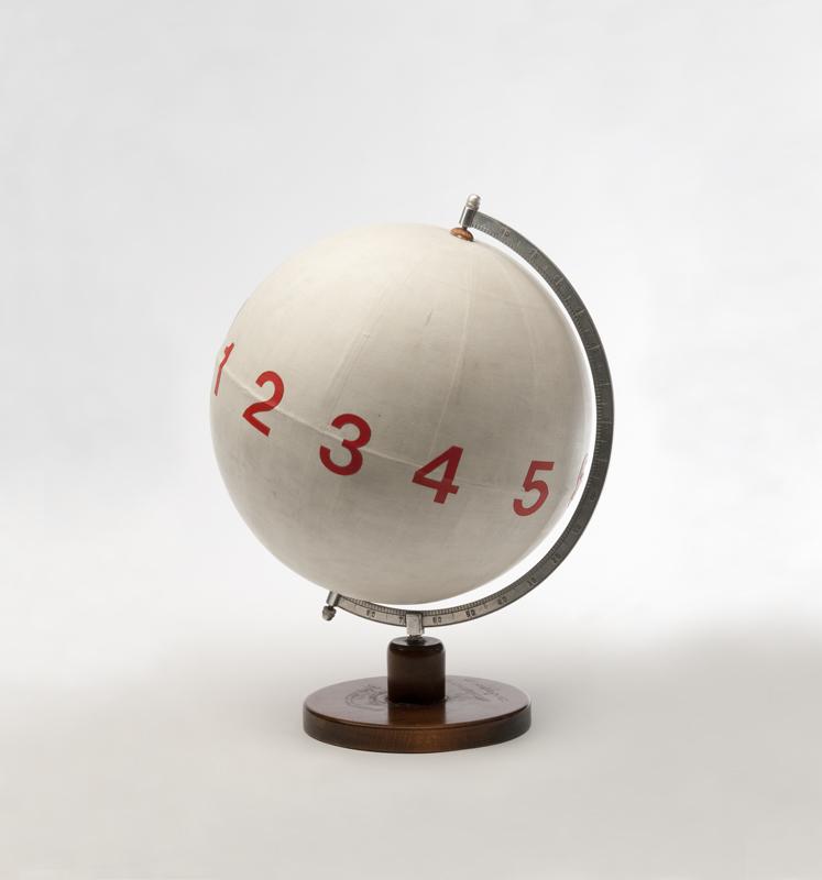 MANGELOS [DIMITRIJE BAŠIČEVIĆ] (1921-1987)<br />Numberconcept Pitagoras<br />c. 1977-1978<br />plastic letters, acrylic on globe made from wood,<br />metal and paper<br />18 1/2 x diameter 14 1/4 inches<br />(47 x diameter 36 cm)<br />