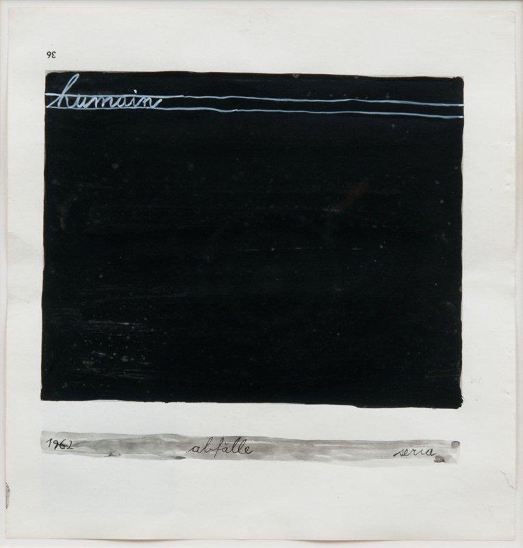 MANGELOS [DIMITRIJE BAŠIČEVIĆ] (1921-1987)<br />Humain<br />(Abfälle, a series)<br />1963<br />tempera on printed paper<br />8 1/4 x 8 1/4 inches (20.9 x 20.9 cm)<br />