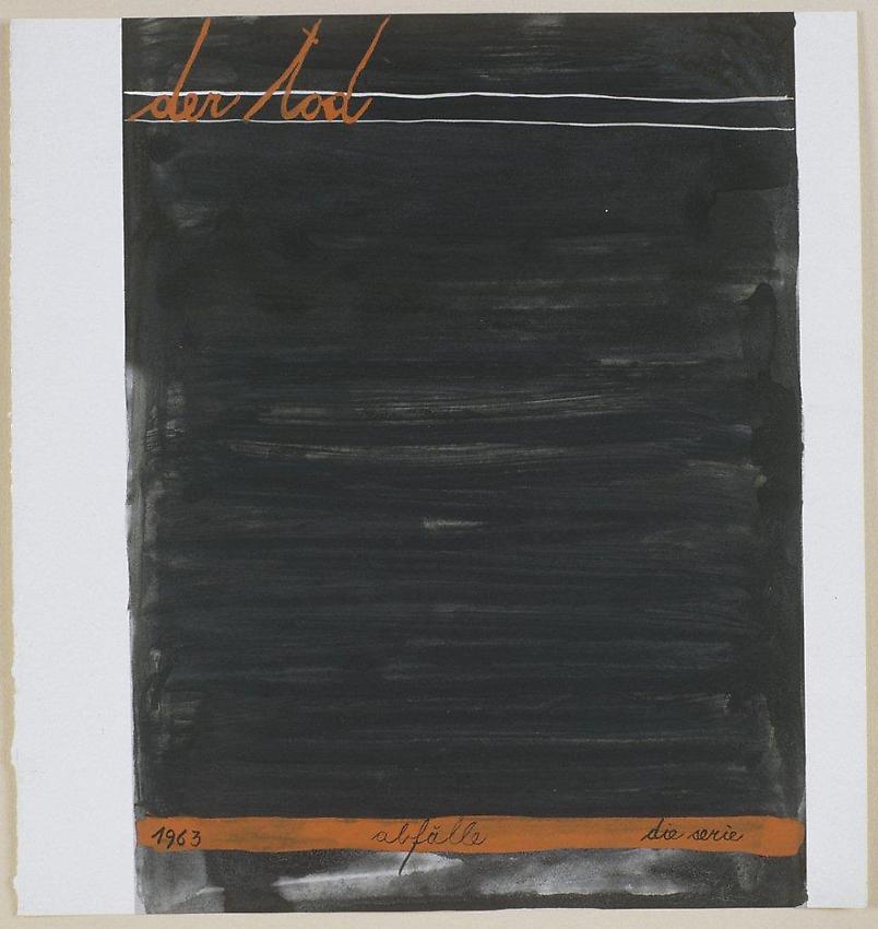 MANGELOS [DIMITRIJE BAŠIČEVIĆ] (1921-1987)<br />Der Tod [Death]<br />(Abfälle, a series)<br />1963<br />tempera on printed paper<br />8 1/4 x 7 7/8 inches (20.9 x 20 cm)<br />
