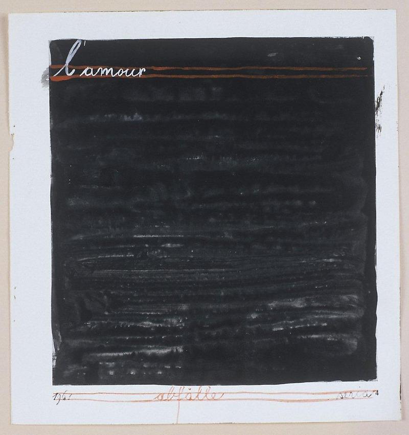 MANGELOS [DIMITRIJE BAŠIČEVIĆ] (1921-1987)<br />L'amour<br />(Abfälle, a series)<br />1961<br />tempera on printed paper<br />8 1/4 x 7 3/4 inches (21 x 19.8 cm)<br />