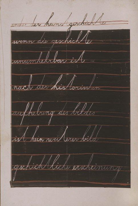 MANGELOS [DIMITRIJE BAŠIČEVIĆ] (1921-1987)<br />Ende der kunstgeschichte<br />m. 8 (1971-1977)<br />tempera on collage on cardboard<br />13 5/8 x 9 1/8 inches (34.7 x 23.2 cm)<br /><br />end of art history / if history / is irreversible / after<br />the historical / abolition of the image / no more<br />image / historical phenomenon<br />