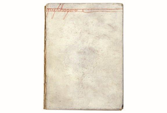 MANGELOS [DIMITRIJE BAŠIČEVIĆ] (1921-1987)<br />Pythagora 2<br />1953<br />painted book: tempera and oil on printed paper and<br />perfect-bound cloth-covered cardboard covers, 27<br />sheets<br />6 1/4 x 4 3/4 inches (16 x 12 cm)<br />