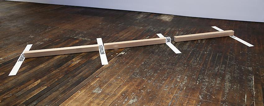 Mel Bochner<br />Prepositional Sculpture<br />1969<br />tape, vinyl, and wood on floor<br />4 x 156 x 48 inches (10.2 x 396.2 x 121.9 cm)<br />