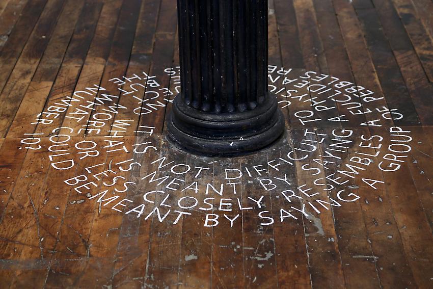 Mel Bochner<br />Quotation (spiral)<br />1972<br />chalk on floor<br />size determined by installation<br />