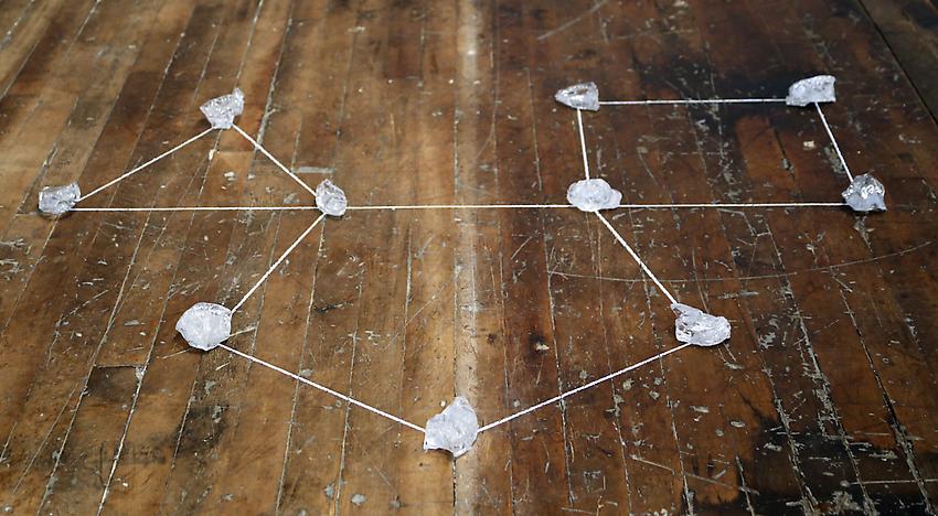 Mel Bochner<br />Three, Five, Four<br />1973<br />clear glass and chalk on floor<br />size determined by installation<br />