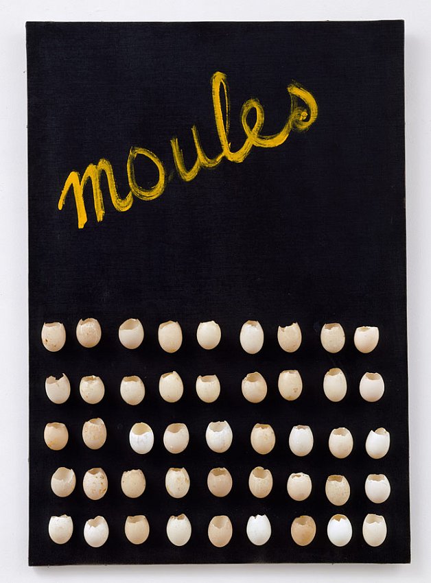 Marcel Broodthaers		(1924 - 1976)<br />L'Erreur<br />1966<br />eggshells and oil on canvas<br />39 1/4 x 27 1/4 x 2 1/8 inches<br />  (99.5 x 69.3 x 6.2 cm)<br />