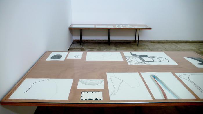 Silvia Bächli<br />Instalation, auslegen, 4 tables with 43 drawings, 2008 - 2009 <br />La Biennale di Venezia 09<br />