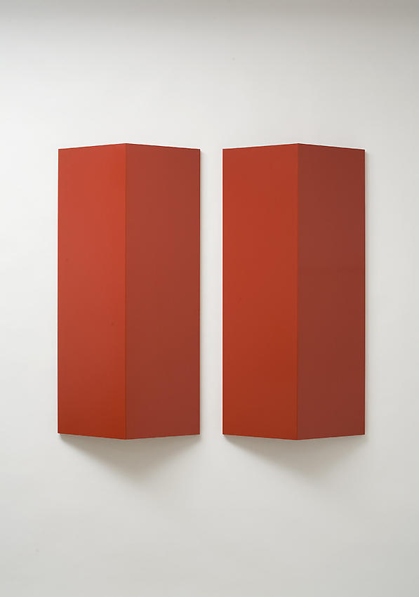 Charlotte Posenenske<br />Relief, Series B, 1967<br />RAL red spray paint on sheet aluminum, convexly folded<br />39 3/8 x 19 5/8 x 5 1/2 inches<br />