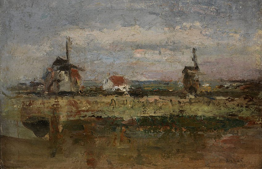 Les deux moulins (The Two Windmills)<br />	1880<br />	oil on cardboard mounted on wood panel<br />