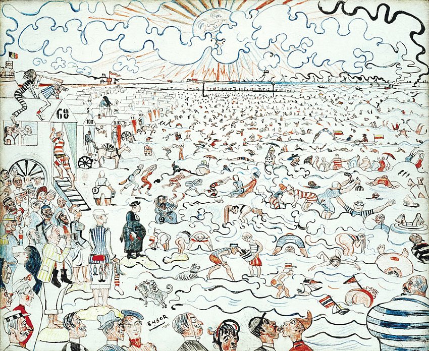Les bains à Ostend (The Baths at Ostende)<br />	1890<br />	black pencil, colored pencils and oil on wood panel<br />