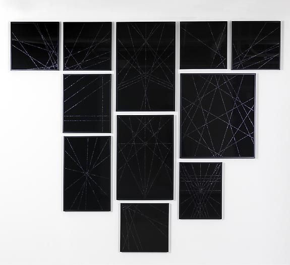 Untitled (Black Geometric II), 2008-09
Enamel, glitter, glass, in 11 parts
100 x 118 inches
254 x 299.7 cm
