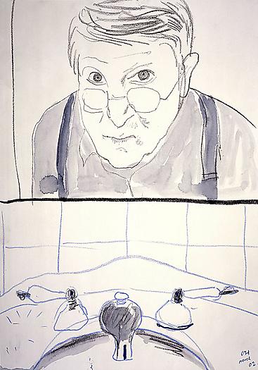 Self Portrait in Bathroom Mirror with Sink, New York, 2002
Watercolor and crayon on paper
20 x 14 in.
50.8 x 35.6 cm