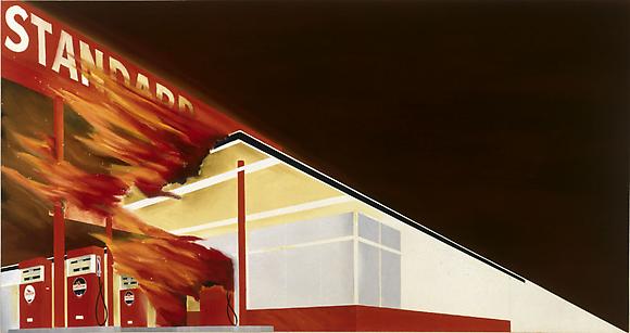 Ed Ruscha
Burning Gas Station, 1965-66
Oil on canvas
20 1/2 x 39 in.