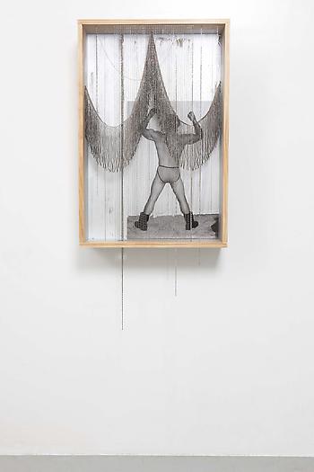 Untitled (Silver Box), 2012
Wood, paint, polyurethane, digital c-print, chains, metal fringe
68 x 24  8 inches
172.72 x 60.96 x 20.32 cm