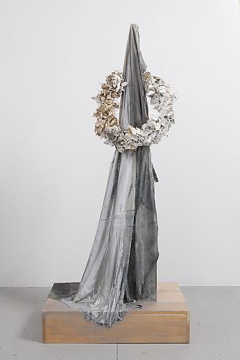 Untitled (Black Fabric & Wreath), 2012
Wood, fabric, artificial flowers, flexible slip, paint
79 x 36 x 24 inches
200.66 x 91.44 x 60.96 cm