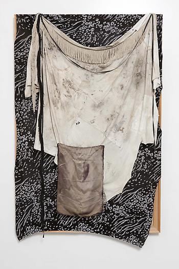 Untitled (Black and Silver Fabric Painting), 2012
Wood, t-shirts, spandex, fringe, trimmings
66 x 43 x 4 inches
167.5 x 109 x 8 cm