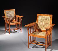 A Pair of Solid Satinwood & Rattan Armchairs