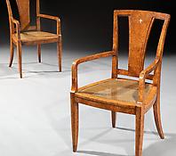 A Pair of Amboyna Veneered Armchairs in the Manner of Maurice Rinck