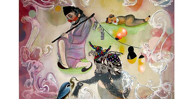 A collaborative painting by Phyllis Bramson and Judith Geichman
The Three Melancholy Mystics, 2010
66 1/2 x 88 inches
Mixed-media and collage on canvas Image