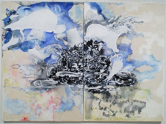 Judith Geichman 
Floating World, 2004 
Acrylic and flock on canvas
88 x 120 inches (diptych) Image