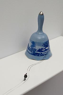 To Go Back (blue bell), 2011 
Detail
porcelain bell, figurine, ink, and shelf
9 x 24 x 6 inches Image