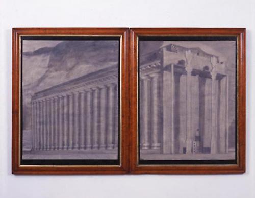 PABLO BRONSTEIN
Neoclassical Building with New Facade in the Style of Michael Graves, 2005
ink, gouache and pencil on paper in artist's frame in 2 parts
framed: 29 1/2 x 23 1/4 inches (74.9 x 59.1 cm) each
PB-1