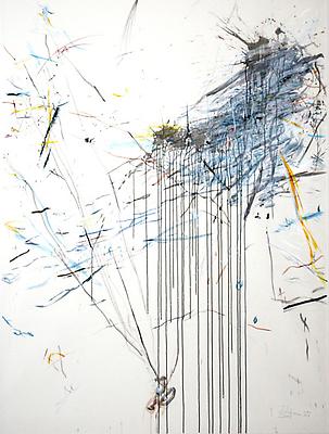 REBECCA HORN
Maske-Auf Seidenfäden gespuhlt - Japan, 2011
acrylic on paper
paper: 71 6/8 x 59 inches (182 x 150 cm)
framed: 81 1/2 x 68 7/8 x 1 3/4 inches (207 x 175 x 4.5 cm)
RH-BL-1014