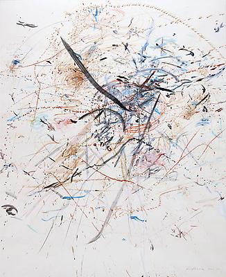 REBECCA HORN
Spiegelschatten in der Öffnung des Vulkans (Volcano's Mirrored Shadow), 2010-2011
acrylic on paper
paper: 71 6/8 x 59 inches (182 x 150 cm)
framed: 81 1/2 x 69 x 1 3/4 inches (207 x 175 x 4.5 cm)
signed and dated by the artist, recto
RH-BL-1016