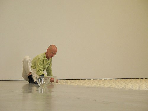 Wolfgang Laib installing:
Without Place - Without Time - Without Body, 2007
rice mountains, 5 mountains with hazelnut pollen
unique installation at Sean Kelly Gallery
