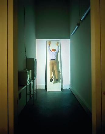 fatica n. 18
2002
fondazione sandretto re rebaudengo, Turin
installation view
1 door, 300 x 75 cm, 1 video projector, 1 DVD player, 1 audio mixer, 1 amplifier, 2 speakers, 1 subwoofer
