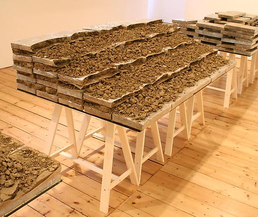 Apprehension Table #1 (wall)
2008
earth, tape, glass, wood
102.5 x 180 x 107 cm